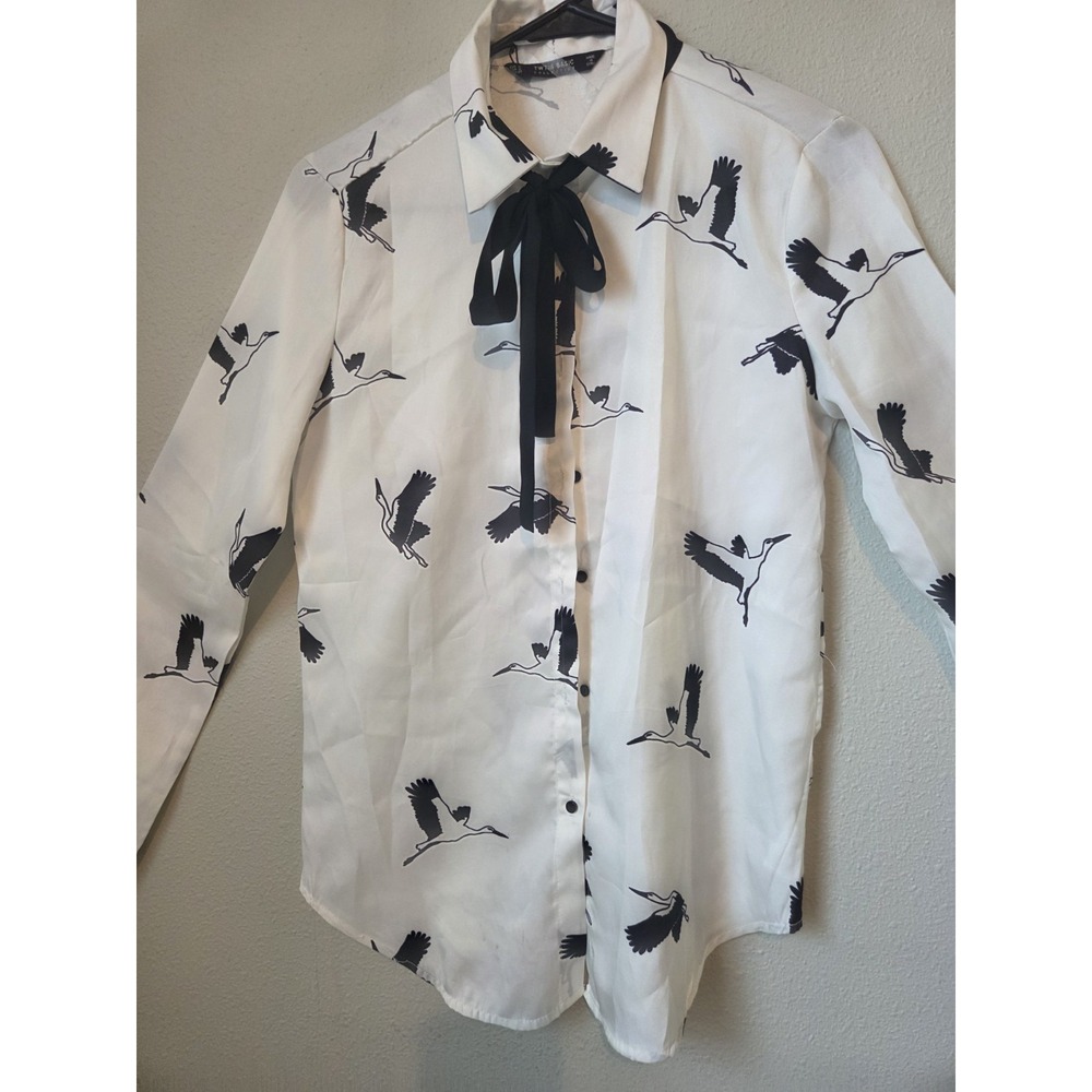 White Bird Print Bow Tie Neck Collared Long Sleeve Button-Up Blouse M - Picture 4 of 10